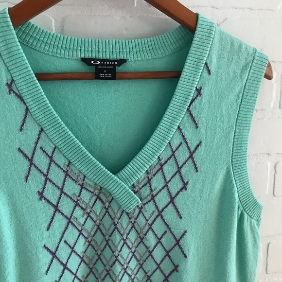 Vintage 90s Y2K Oakley knit Sweater Vest Academia Turquoise/Purple Argyle L - Picture 2 of 6